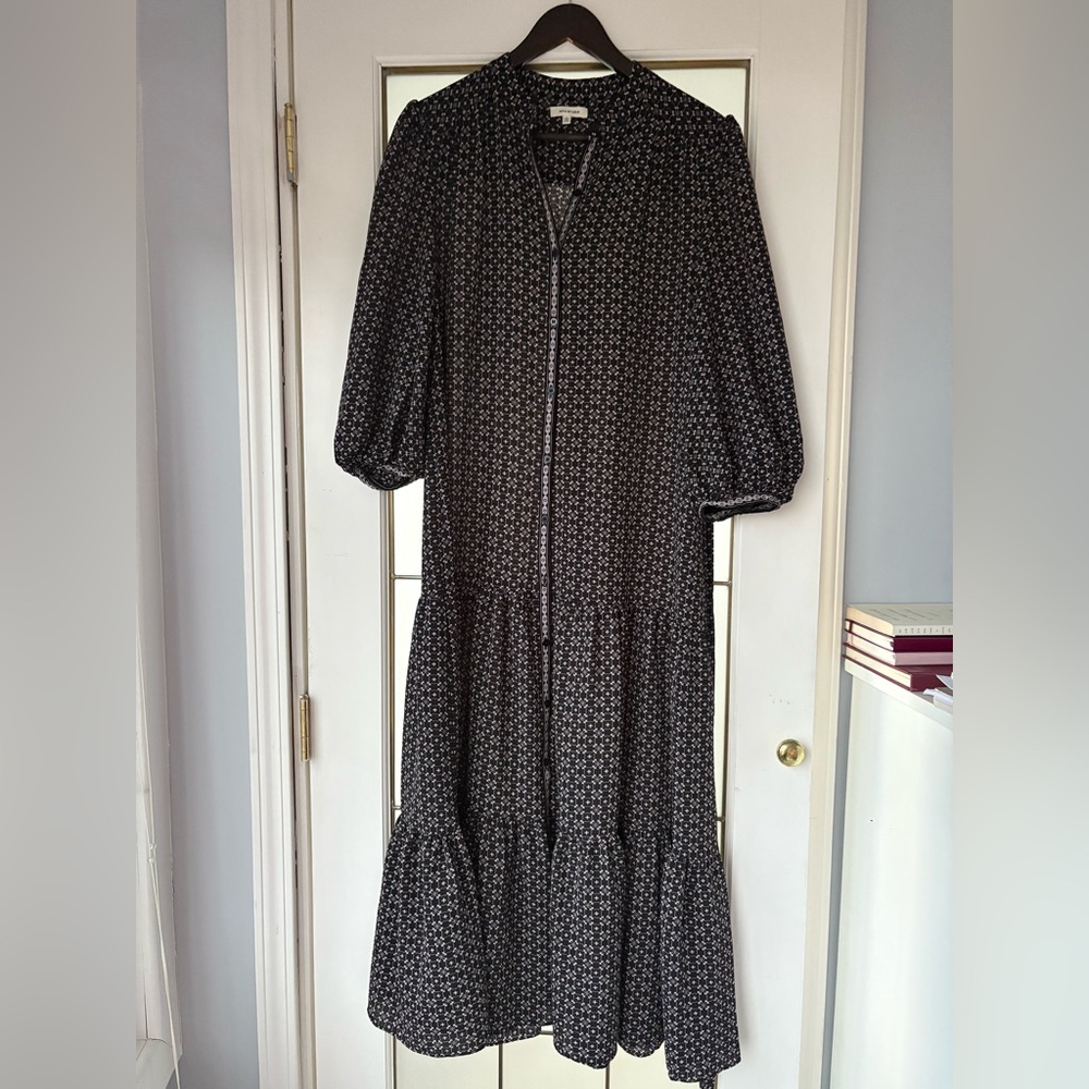 Max Studio Black Patterned Dress Crepe 3/4 sleeve button front maxi dress